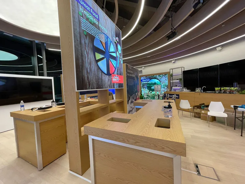 UK Pavilion bespoke scenic interior fabrication with clear coat finished MDF surfaces in Dubai.