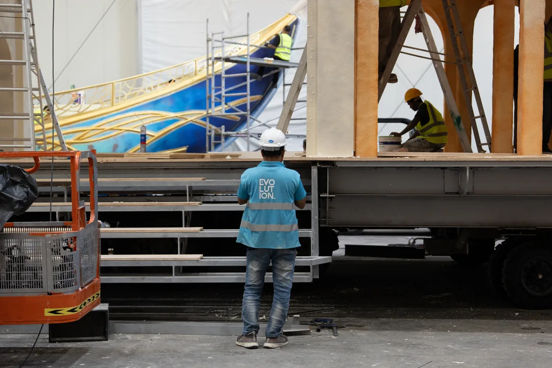 Touring scenic frame with durable connections designed for repeated assembly and transport.
