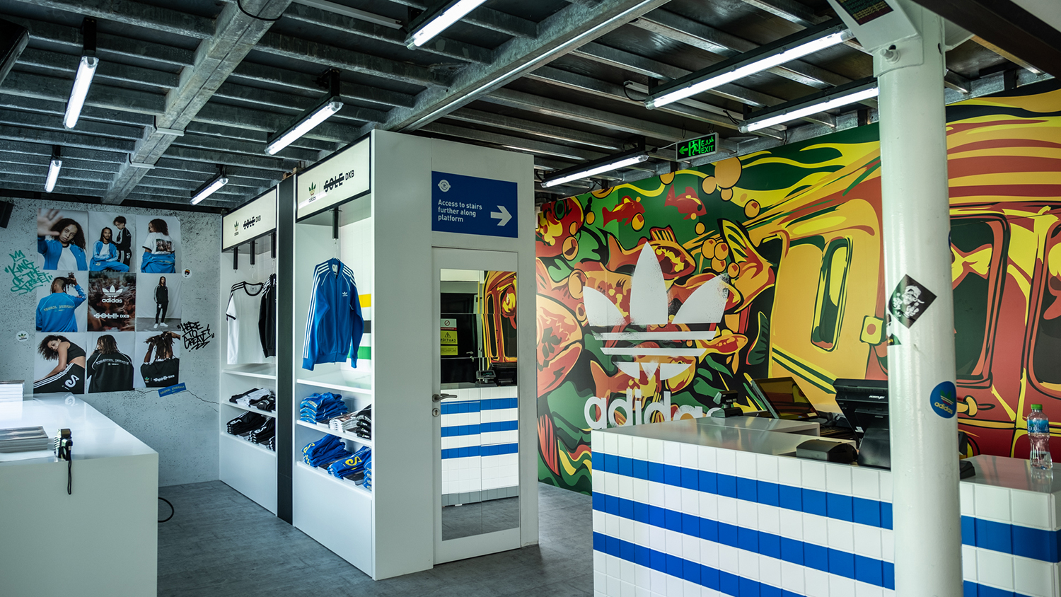 Evolution Scenic triple-deck Adidas stand with Underground-inspired scenic architecture at Sole DXB Dubai.