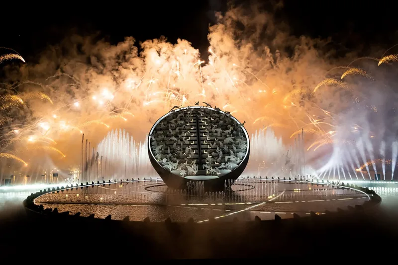 One hundred scenic lightboxes creating an illuminated UAE architectural skyline.