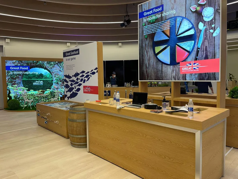 Bespoke timber structures with MDF cladding forming part of the UK Pavilion interior fit-out.