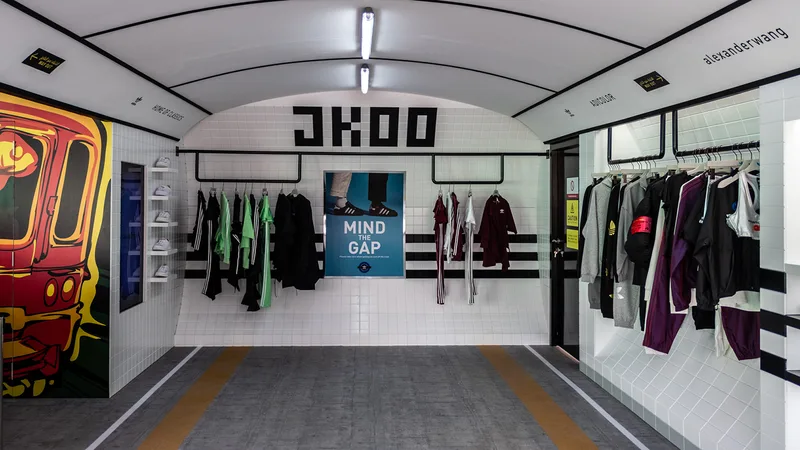 Multi-level Adidas retail environment incorporating branded scenic panels and architectural features.