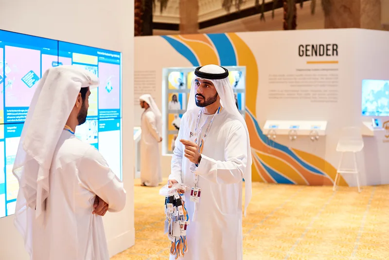 Evolution Scenic custom exhibition panels forming the UNIDO Gender themed hub at Emirates Palace Abu Dhabi