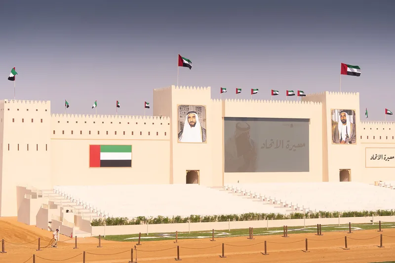 Large-scale cultural scenic environment fabricated and installed by Evolution Scenic at Al Wathba.