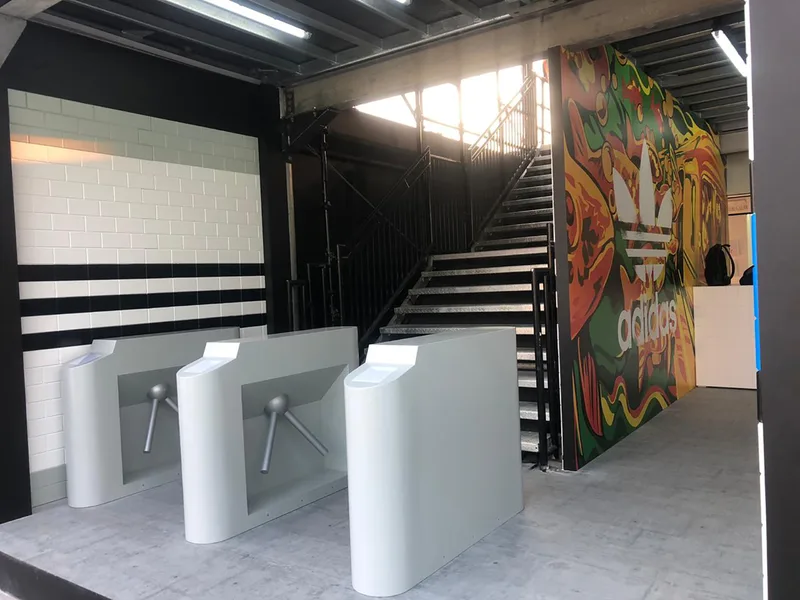 Evolution Scenic custom-built three-level brand environment with structural scenic detailing in Dubai.