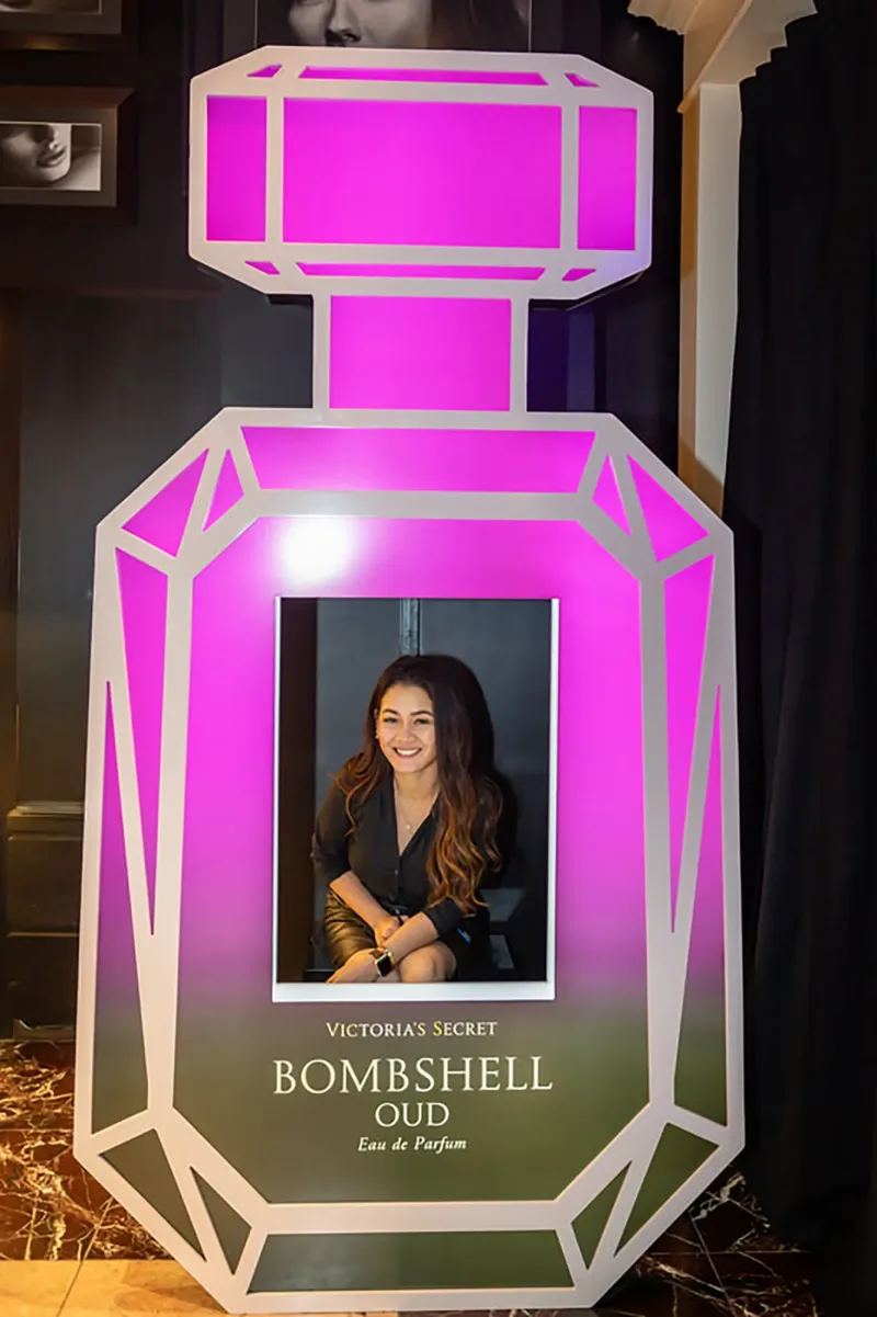 Custom video wall shaped around the Victora's Secret fragrance bottle profile.