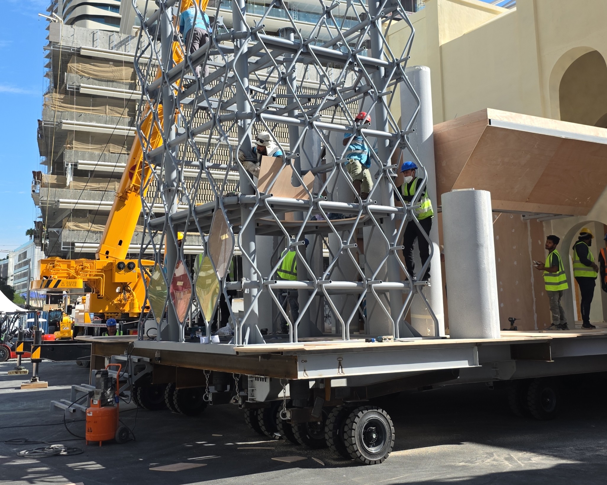 Welded steel sections forming large scenic support structure.

